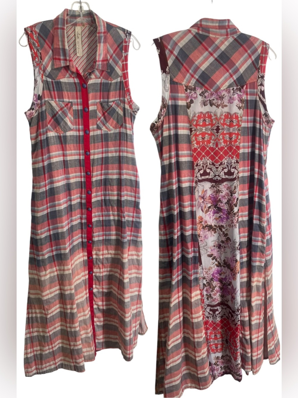 Aratta Silent Journey mixed media plaid floral maxi dress/duster boho western XL